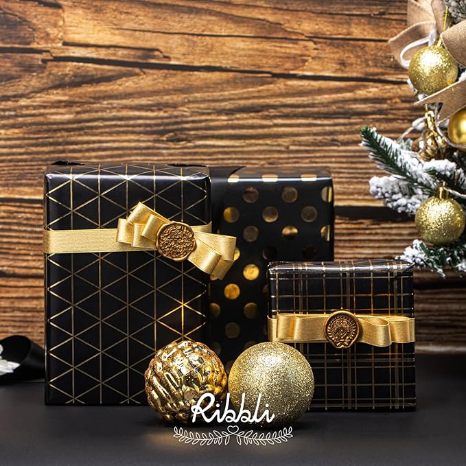 Ribbli Birthday Wrapping Paper Black and Gold Gift Wrap for Father's Day Men Husband Boyfriend Mini Roll, 3 Rolls Geometry Pattern - 17 inch x 120 inch(10feet) Per Roll