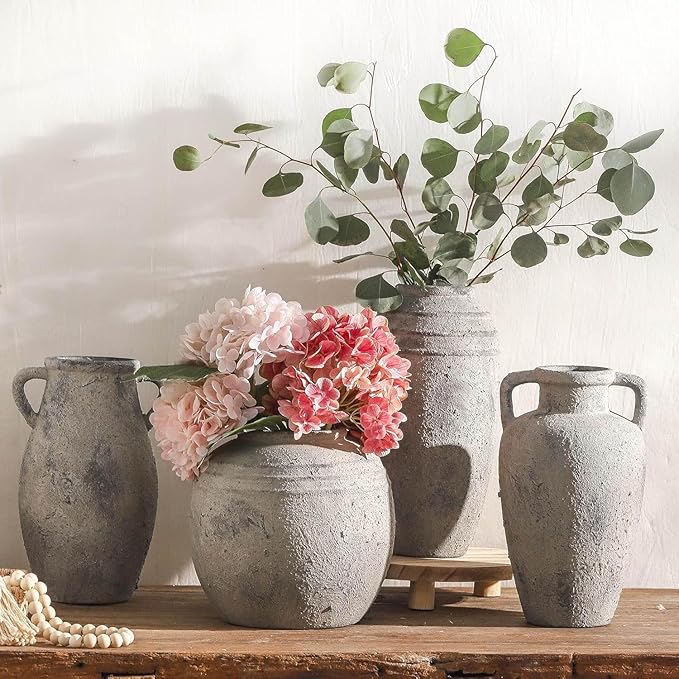 Ceramic Rustic Vase with Handle,11.3 inch Vintage Vase for Home Decor - Tall Farmhouse Flower Vase with 2 Handles, Living Room Entryway Table Centerpiece Decor
