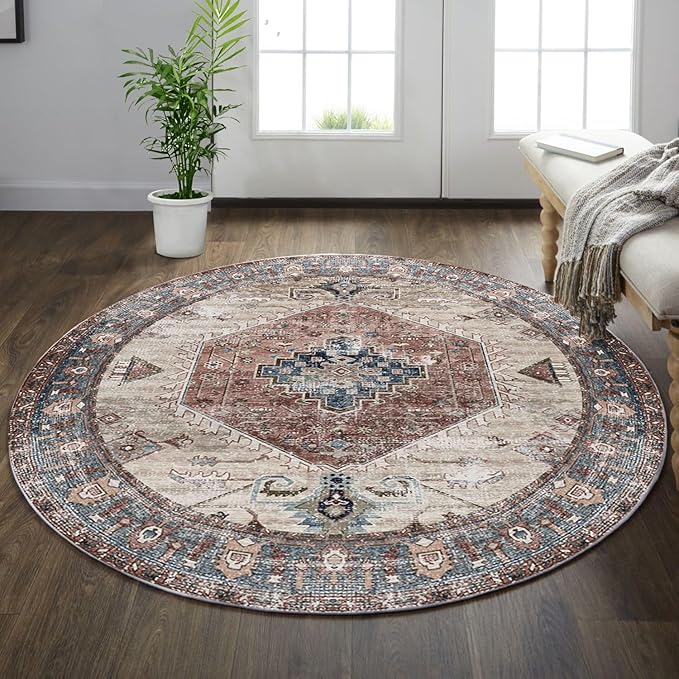 vivorug Round Rug 5ft Vintage Round Area Rug Non-Slip Indoor Carpet for Living Room Bedroom Entryway, Stain Resistant Home Decor Circle Rug, Brown