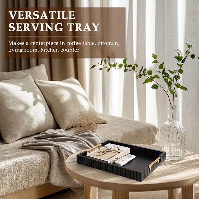 Acacia Wood Decorative Serving Tray with Handles, 16.7" x 12.8" Large Wooden Ottoman Tray for Living Room, Coffee Table Tray Decor for Food, Dinner, Tea or Breakfast in Bed (Black)
