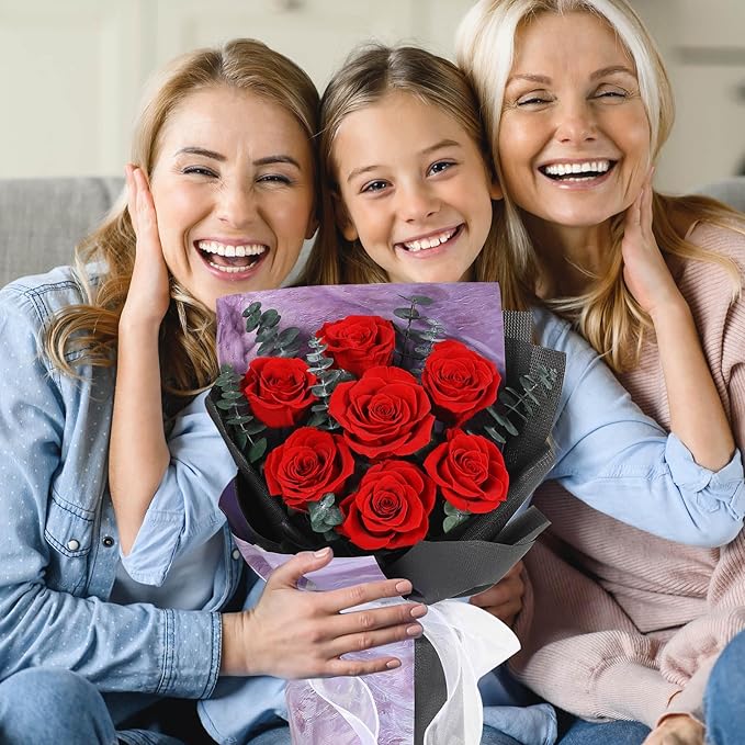 Preserved Flowers Bouquets 7 Roses, Long-Lasting Flower with Gift Box, Real Forever Flower Gifts for Delivery Women Wife Mom Friend on Anniversary Birthday Wedding (Red Roses)