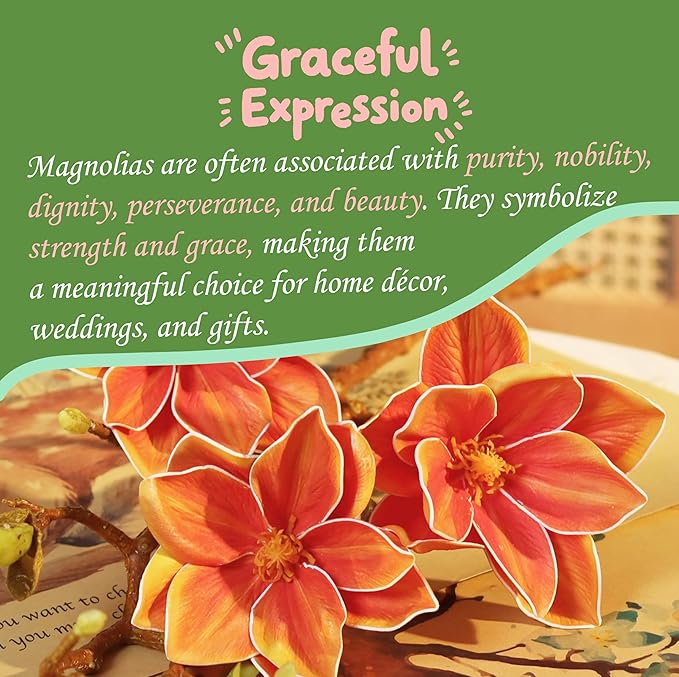3pcs Artificial Magnolia Flower Branches, 31 Inch Long Stem Faux Floral, Premium Faux Bloom for Home Decor, Centerpieces, and Wedding Arrangements, Orange