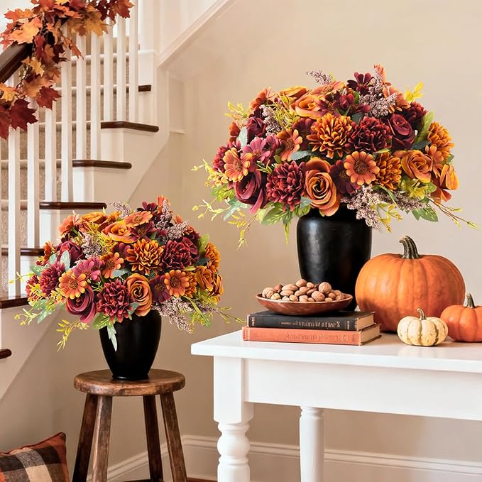 Homsunny Artificial Fake Fall Flowers Centerpieces for Table Decoration, 4 Pcs Faux Silk Flower Arrangements with Mums Chrysanthemum Rose Daisy Floral Bouquets for Home Wedding Party Autumn Decor