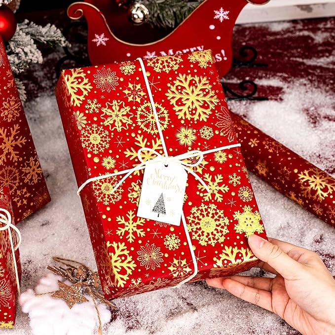 Flyhill Kraft Christmas Wrapping Paper,Gold Luxury Snowflake Metallic Gold Embossed Foil Gift Wrap Roll Design for Holiday, Party,Celebration, New Year (17 Inch X 32.8 Feet)