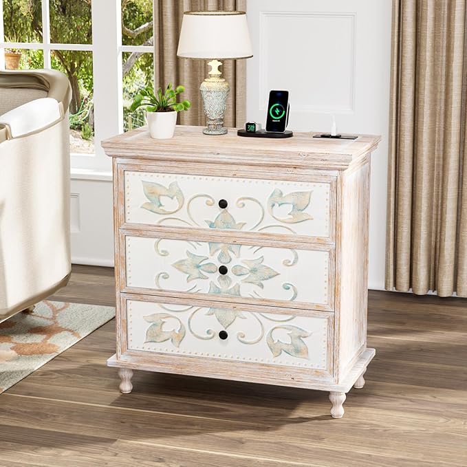 VINGLI Washed White Dresser with Charging Station, 3 Drawer Dresser Boho Wood Chest of Drawers, Wooden Dressers with Drawers and Solid Wood Legs