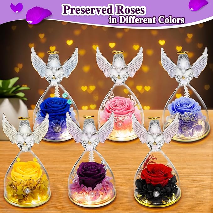 LURLIN Birthday Rose Gifts for Women, Preserved Flowers & LED Angel Figurines for Mom, Grandma, Wife, Friend, Teacher, Nurse & Anniversary Day Girls