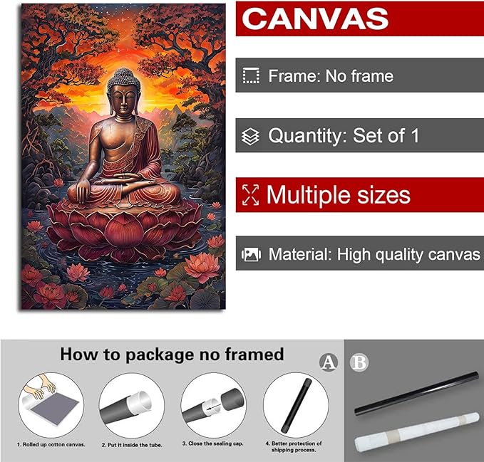 Golden Buddha on lotus seat serene meditation statue amidst lush trees flowing water and sunrise light spiritual home art for a tranquil decor 32x48in Frameless