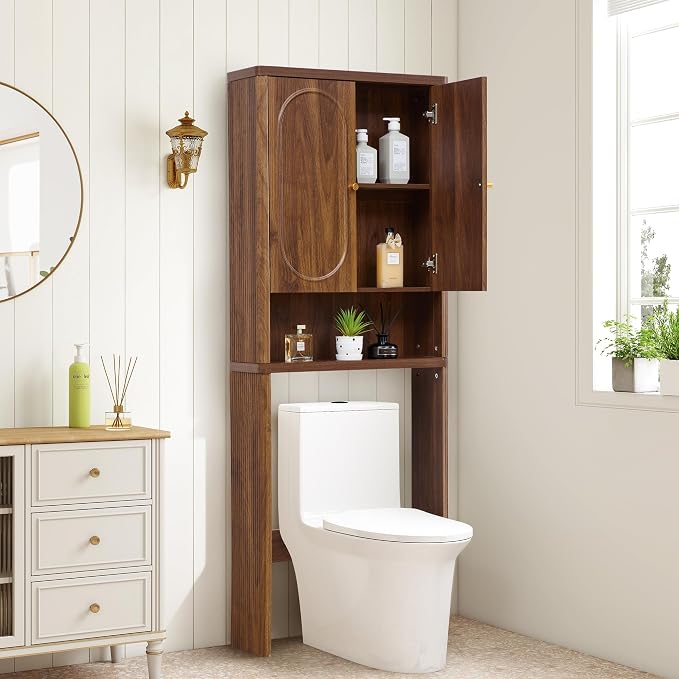 ORRD Fluted Over The Toilet Storage Cabinet, Bathroom Toilet Storage Cabinet with Door, Wood Curved Over The Toilet Space Saver Cabinets for Restroom Bathroom, Walnut