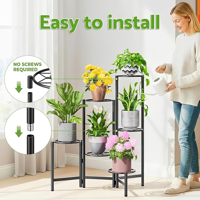 6 Tier Metal Plant Stands Outdoor Indoor, Heavy Duty Flower Pot Holder Potted Display Rack Shelf, Tall Corner Plant Shelf for Patio Garden Balcony Living Room Bedroom -BlackDiamond