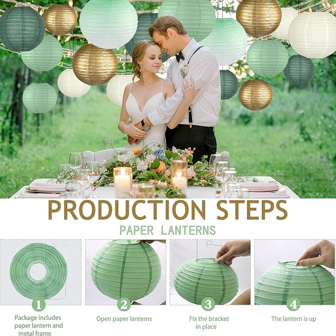 Paper Lanterns Decorative, Gradient Sage Green Round Hanging Paper Lantern Decorations for Wedding Bridal Shower Graduation Anniversary Sage Green Birthday Party, 15Pcs