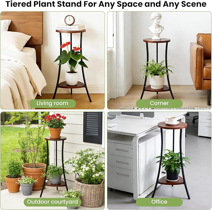 2-Tier Tall Plant Stand Indoor Outdoor, Round Wooden Corner Plant Shelf with Walnut Panel & Black Metal Frame, Modern Flower Pot Holder Rack for Living Room, Balcony, Patio Decor