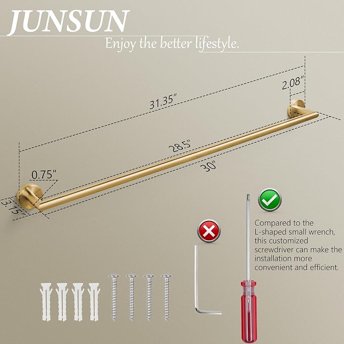 JunSun Towel Bar 30 Inch Bathroom Towel Rack Heavy Duty Bath Towel Holder Modern Towel Rod Brushed Brass Towel Hanger Bathroom Accessories Gold Towel Rail Stainless Steel Single Towel Bar Brushed Gold