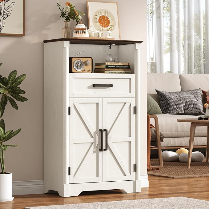 jiteentarou Farmhouse Bathroom Storage Cabinet,Bathroom Floor Storage Cabinet with Roman Column Decor,Small End Table with Barn Doors,Small Bathrooms Organizer(Rustic White)