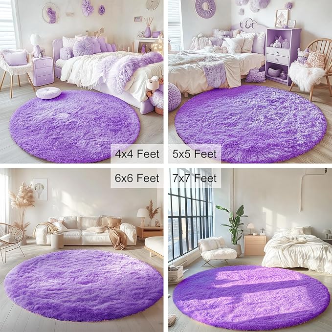 OLANLY Purple Round Rugs for Bedroom - Machine Washable, 5 ft Circle Area Rugs for Living Room, Soft and Fluffy Shaggy Carpet for Teen Girls and Boys, Nursery Rooms, Dorms, Home Decor Aesthetic