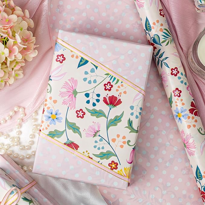Merture Floral Wrapping Paper Roll with Pink Polka Dots Reverse- 17 In X 32.8 Ft(46.5 sqft) Vintage Warm Flower Design Gift Wrap for Mothers Day, Valentines Day, Birthday, Wedding, Anniversary