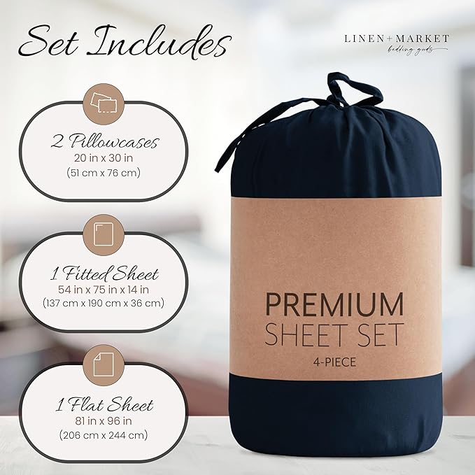 Linen Market Brushed Microfiber Full Sheet Set 4 Piece – Oeko-TEX Certified Ultra Soft & Wrinkle-Free - 16" Deep Pocket Sheets - Easy Care Full Size - Navy