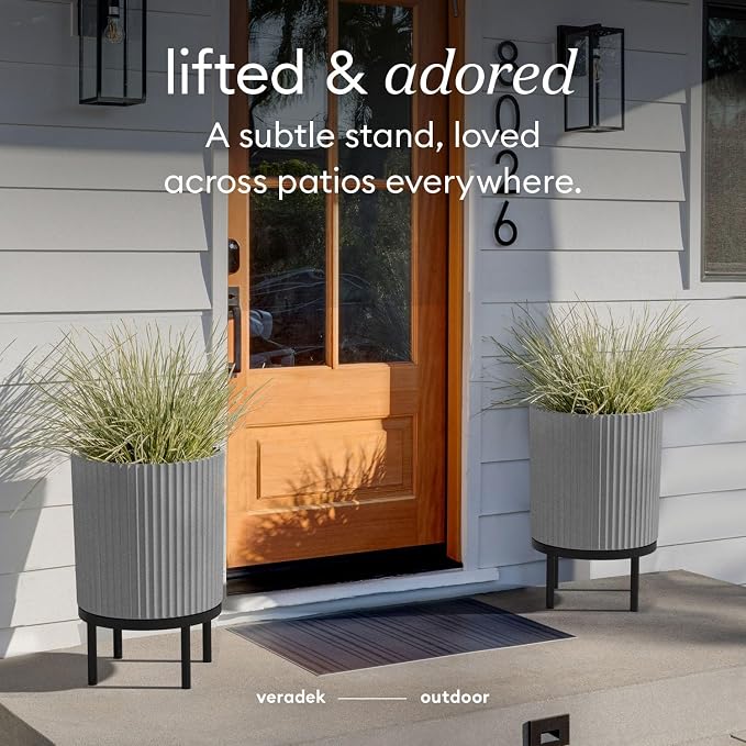 Veradek Demi Series Round Planter w/ Stand for Porch/Patio | Durable Plastic-Concrete & Wooden Stand | Modern Décor for Tall Plants, Flowers