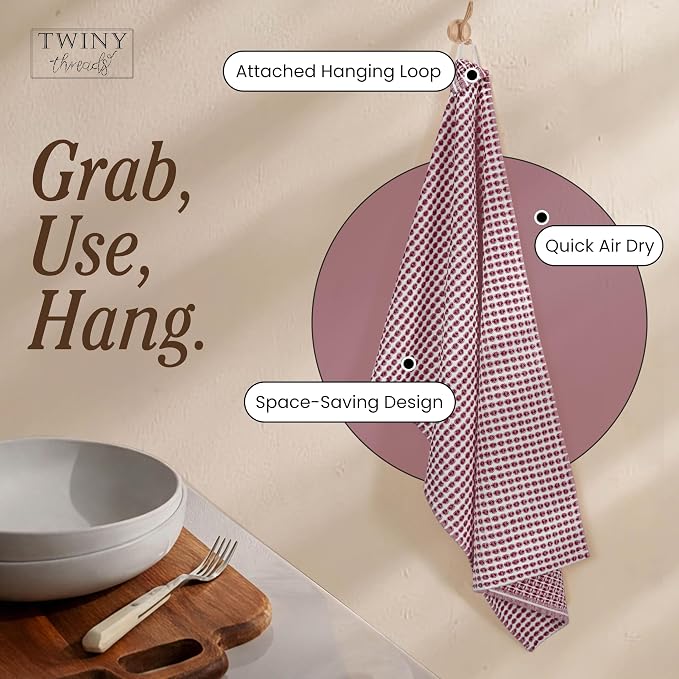 TWINY threads 4 Pack Circle Waffle Kitchen Towels 16x26 Inch, 100% Cotton, Absorbent, Premium Quality, Thick, Waffle Texture Dishcloth Set, Ideal for Drying Dishes Washing, General Cleaning, Burgundy