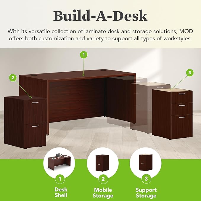 HON MOD Executive Desk 60-Inch Large Computer Desk Shell, Thick Wooden Laminate, Modern Table with Cord Management, 60" W x 30" D x 29" H, Traditional Mahogany
