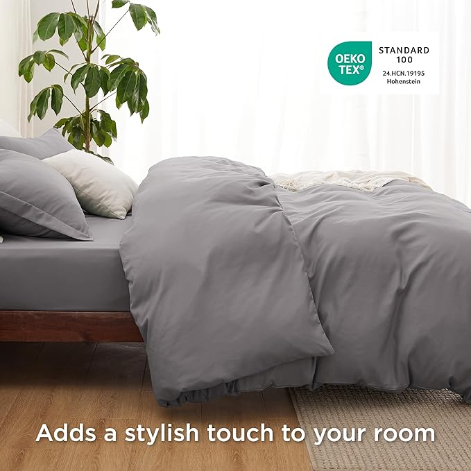 Bedsure Duvet Cover with Fitted Sheet Queen - Warm Deep Pocket, Hotel Luxury Soft Double Brushed Bedding Set with Zipper Closure, 1 Duvet Cover, 1 Fitted Sheet, 2 Pillow Shams, NO Comforter, Grey