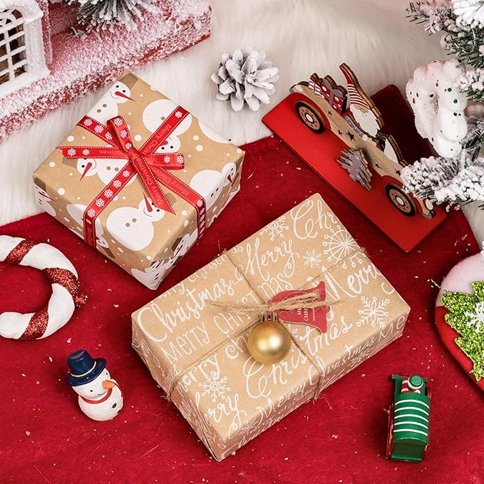 MAYPLUSS Kraft Christmas Wrapping Paper Roll - Mini Roll - 17 in X 120 in Per roll - White Snowman, Let it Snow Design Snowflake for XMAS,Party Birthday gift wrap (42.3 sq.ft.ttl)