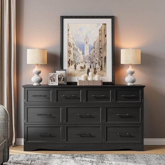 Black Dresser for Bedroom, 10 Drawer Dresser, 59" Wide Chest of Drawers w/Brushed Metal Handle, Wood Dressers TV Stand, Closet Organizers and Storage Cabinet for Bedroom, Living Room, Hallway