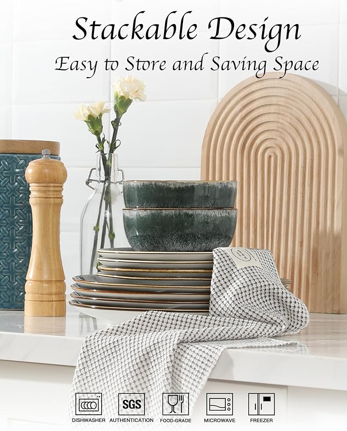 Sweejar 24 Piece Dinnerware Sets for 8,Porcelain Plates and Bowls Set for Kitchen,Housewaring Gift,Chip and Scratch Resistant, Easy Cleaning Dishes Set, Stack Compactly Dishware,Dark Green
