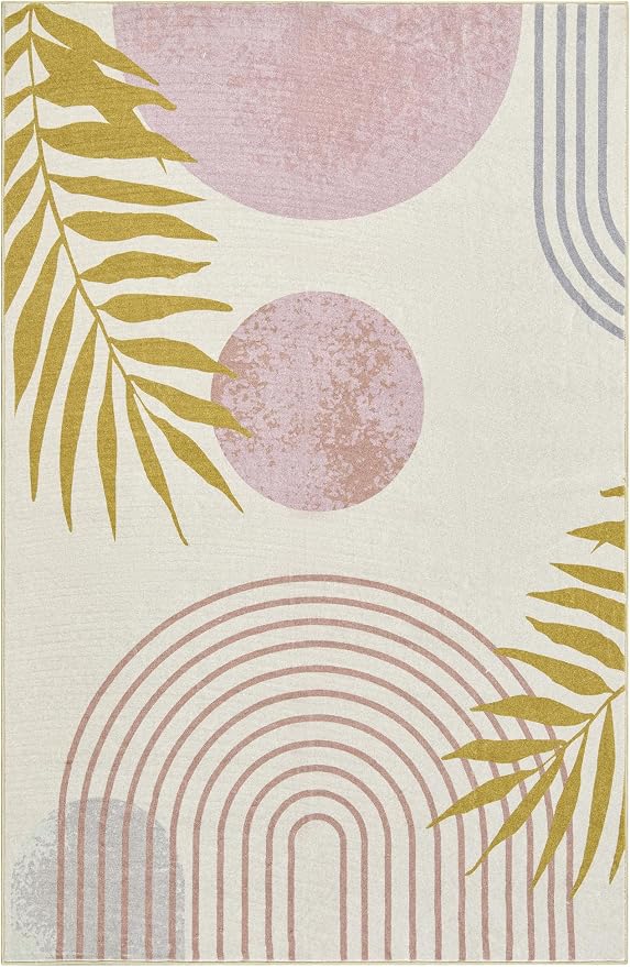 RoomTalks Cute Pink Nuresry Rug Washable, Boho Modern Contemporary Aesthetic 4x6 Area Rugs for Bedroom Dining Living Room Dorm, Abstract Art Tropical Leaves Thin Indoor Entryway Rug Carpet