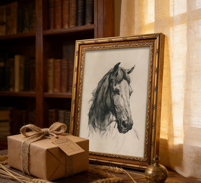 Vintage Gold Framed Horse Sketch Canvas Wall Art Retro Horse Wall Decor Vintage Farmhouse Animals Sketch Print Artwork Retro Rustic painting Picture for Farmhouse Bedroom Living Room 16X24in