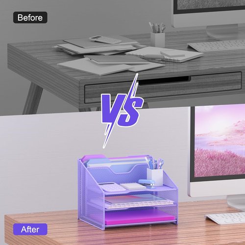 Samstar Desk File Organizer - Purple Mesh Letter Holder with 3 Trays & 2 Upright Sections for Office Supplies