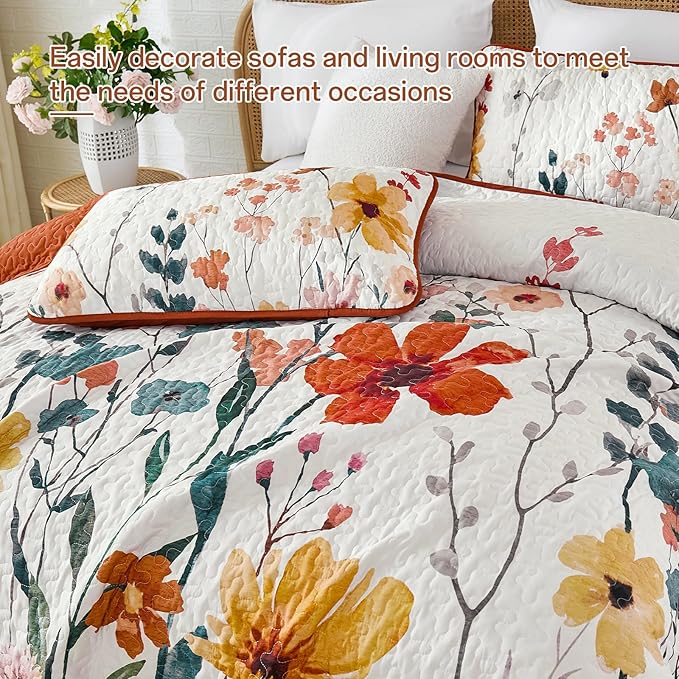 Anibedding Floral Quilt Set King Size, Burnt Orange Bedspread with 2 Pillowcases, Soft Microfiber Lightweight Coverlet Bedding Set for All Season(104"x90")