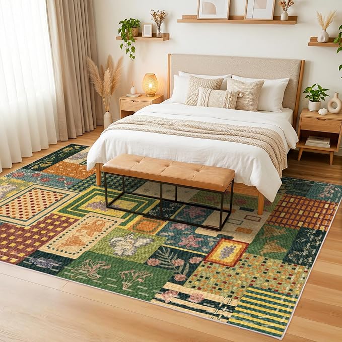 Patchwork Floral Area Rugs for Living Room, Washable 4x6 Abstract Green Soft Rug for Bedroom, Upgraded Non-Slip Durable Throw Carpet, Aesthetic Indoor Rug for Dining Room Office Home Hardwood Floor