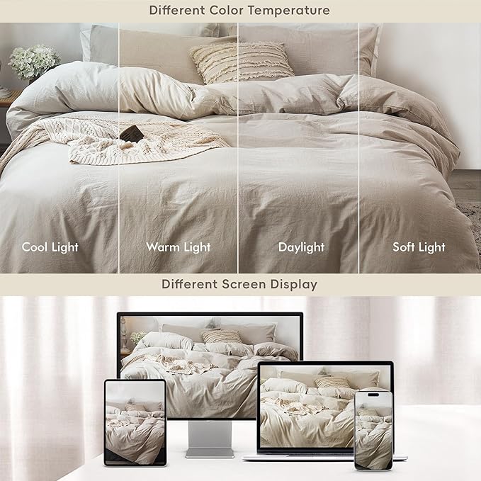 MooMee Bedding Duvet Cover Set 100% Washed Cotton Linen Like Textured Breathable Durable Soft Comfy (Heathered Tannish Linen Grey, Super King 108"x98")