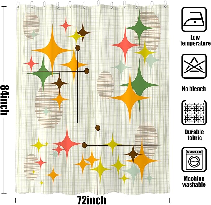 84 Inch Extra Long Mid Century Modern Shower Curtain Retro Stars Shower Curtains for Bathroom Abstract Vintage Boho Art Waterproof Fabric Bath Curtain Decor (Yellow1, 72'' x 84'')