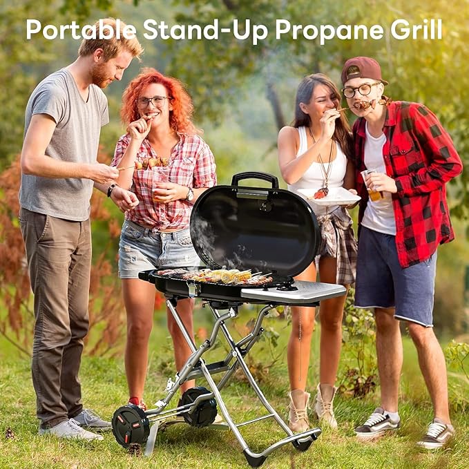 Electactic Propane Gas Grill, Portable BBQ Gas Grill with 348 Sq.In. Large Grilling Areas, 15000BTUs, Portable & Foldable BBQ Griddle for Outdoor Camping, Tailgating, Parties, Backyard, Black