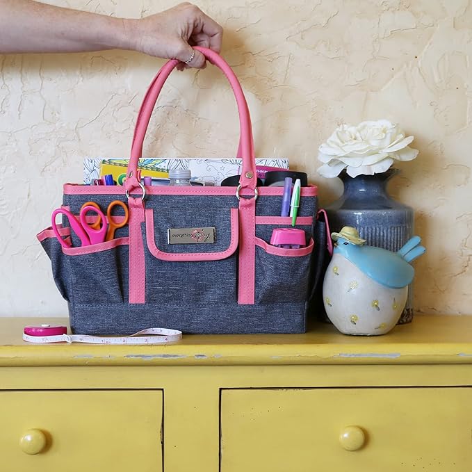 Everything Mary Deluxe Store & Tote Organizer – Heather & Pink Craft Tote with Handle – Stylish Storage for Scrapbooking, Sewing, Art Supplies & DIY Creative Projects