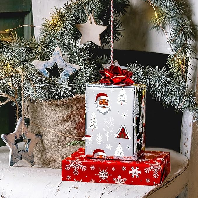 MAYPLUSS Reversible Christmas Wrapping Paper Roll - 17 Inch X 33 Feet - Vintage Santa Claus Silver Christmas Snowy Forest Design w/Metallic Foil Shine Winter Gift Wrap Paper for Holiday, Celebration