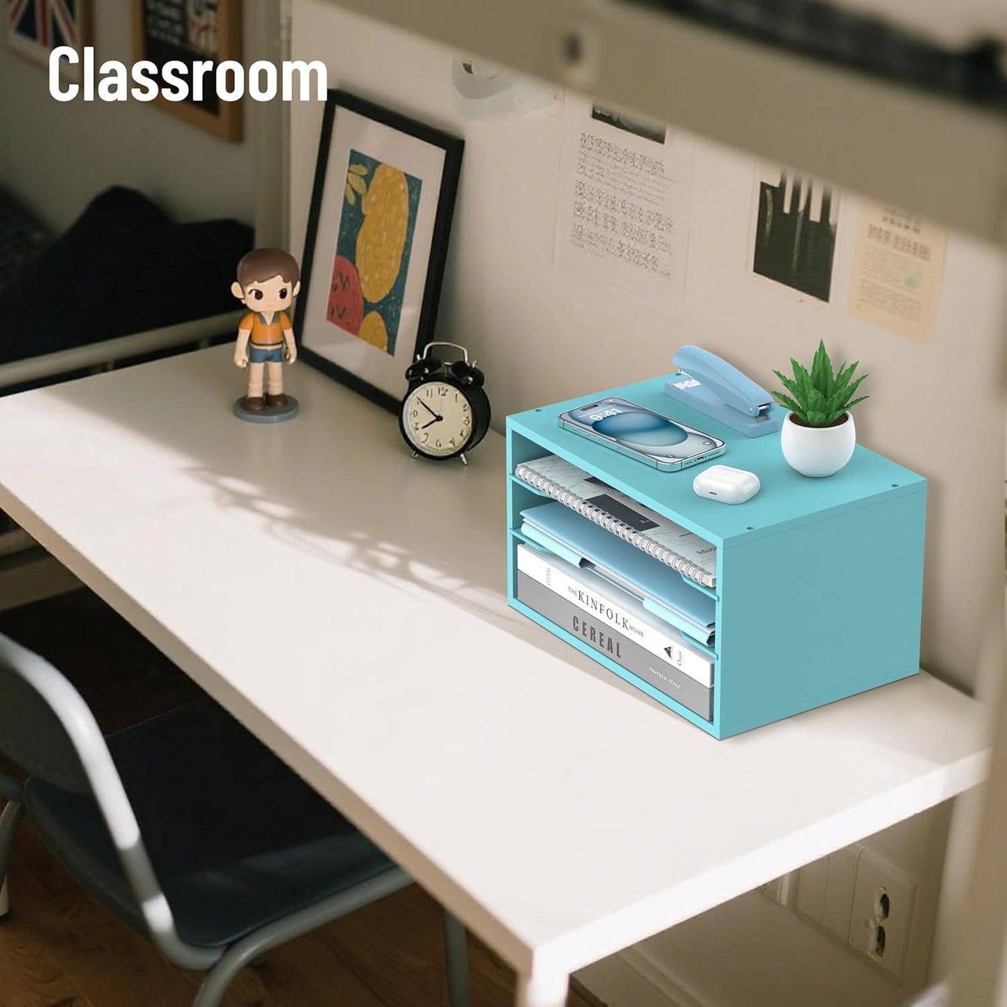 Skiennix Wood Desk Organizer - 3-Tier Adjustable Paper Tray for Office & Home | Blue