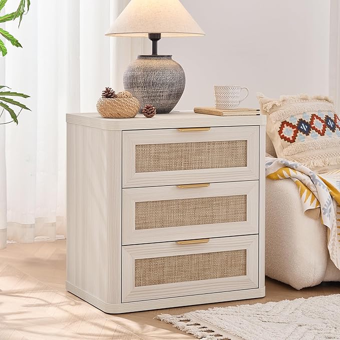 LEYAOYAO Rattan Night Stand with Charger Station, 23" Large 3 Drawer Boho Nightstand, Grey White Bedside Table Storage Cabinet, Bed Side End Tables for Bedroom, Living Room, Hallway