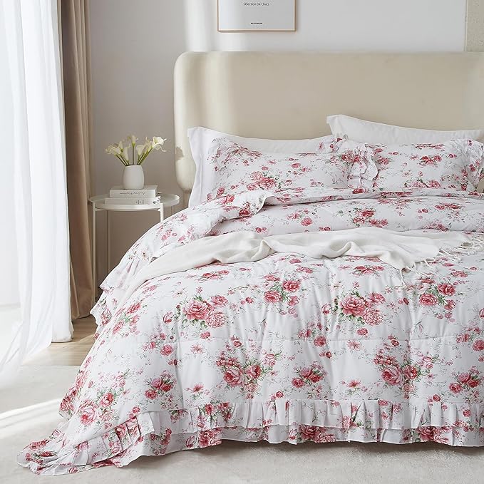 VM VOUGEMARKET Ruffle Comforter Set Twin XL Red Rose Flower Comforter Romantic Floral Bedding Set Soft Microfiber Botanical Bedding Comforter Set 1 Flower Ruffled Comforter with 2 Pillowcases