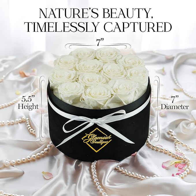 GLAMOUR BOUTIQUE Flowers Forever Gift Box 12 Real Preserved Roses in a Velvet Black Box, Birthday Gift for Her Mom and Wife, Mothers Day, Anniversary, Graduation - White
