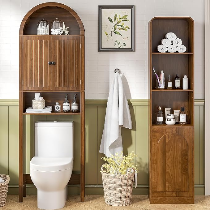 Arched Over The Toilet Storage Cabinet with Fluted Doors, 4 Tier Small Bathroom Shelf Organizer, Mid Century Modern Bathroom Cabinet with Adjustable Shelf, Slim Narrow Arch Toilet Rack, Walnut