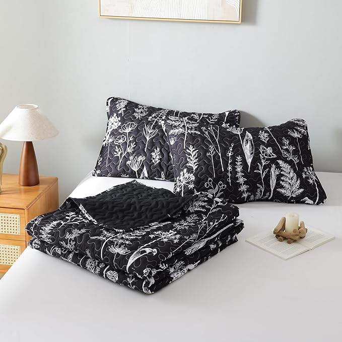 JANZAA Quilts Queen Size Bed Spread Botanical 3 Pieces Quilts Queen Size Sets with Floral Pattern Lightweight Microfiber Bedding Reversible 1 Quilt and 2 Pillow Cases-Black