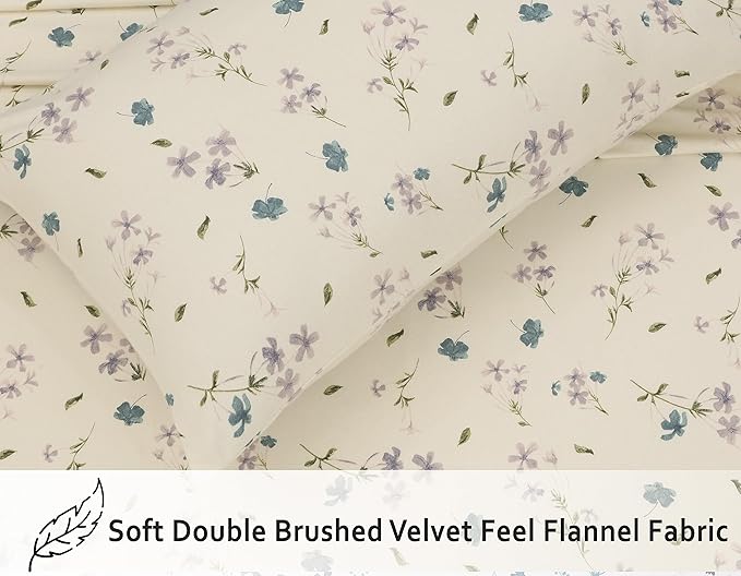 RUVANTI Flannel Sheets Full Size - 100% Cotton Double Brushed Bed Sheets Set, Deep Pockets 16 Inches, All Seasons Breathable & Extra Soft Full Sheets, Warm & Cozy, 4 Piece, Jasmine Stamp Cream