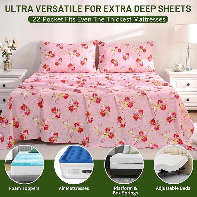 Bedlifes Extra Deep Pocket 18-24" Queen 4-Piece Sheet Set - Cooling Sheets Blend Rayon Derived from Bamboo Soft & Breathable,Featuring Pink Floral Red Rose