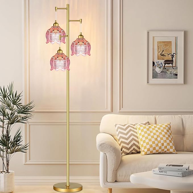 ILLMTW Glass Floor Lamp for Living Room,Bedroom,Gold Flower Mid Century Modern Standing Lamp Brass Tree 3 Light Tall Floor Lamps Vintage Floor Lights Pink Lamp Shade Farmhouse Boho Bohemian