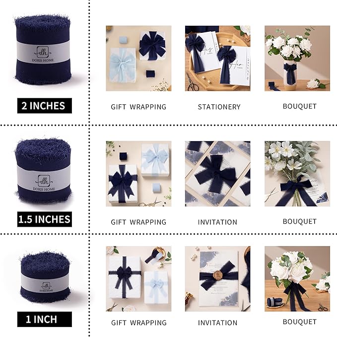 DORIS HOME Dark Navy Chiffon Ribbon for Flower Bouquet, 1" x21Yd Fabric Ribbon for Gift Wrapping, Handmade Frayed Ribbon for Wedding Invitations/Christmas Decorations