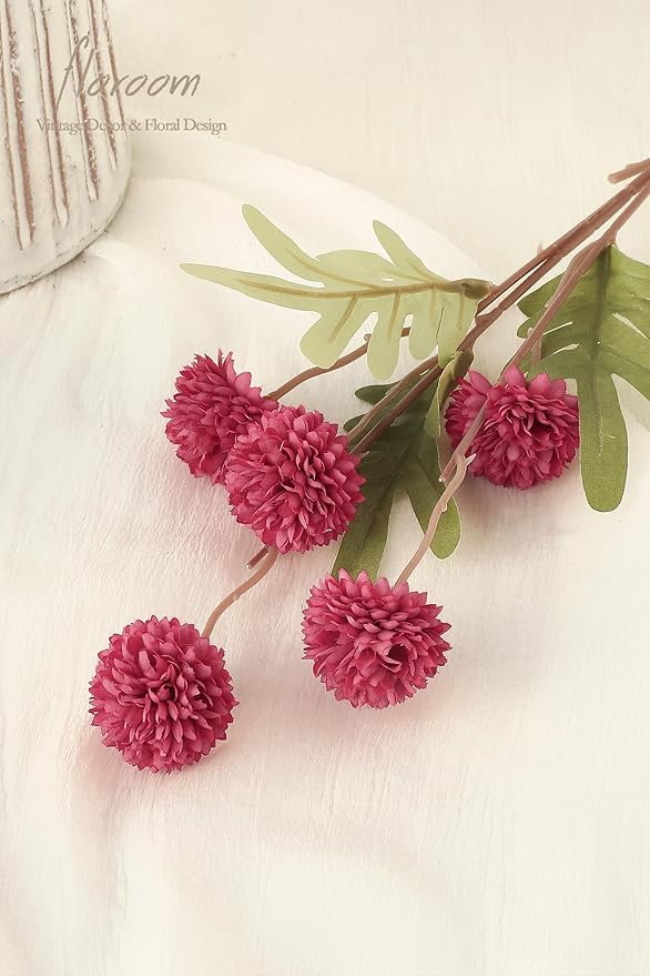 Floroom 5pcs Dark Pink Faux Silk Mums Artificial Flowers, Bulk Fake Small Mini Chrysanthemums with Stems for DIY Fuchsia Wedding Centerpieces Floral Arrangements Vase Fillers Home Decorations