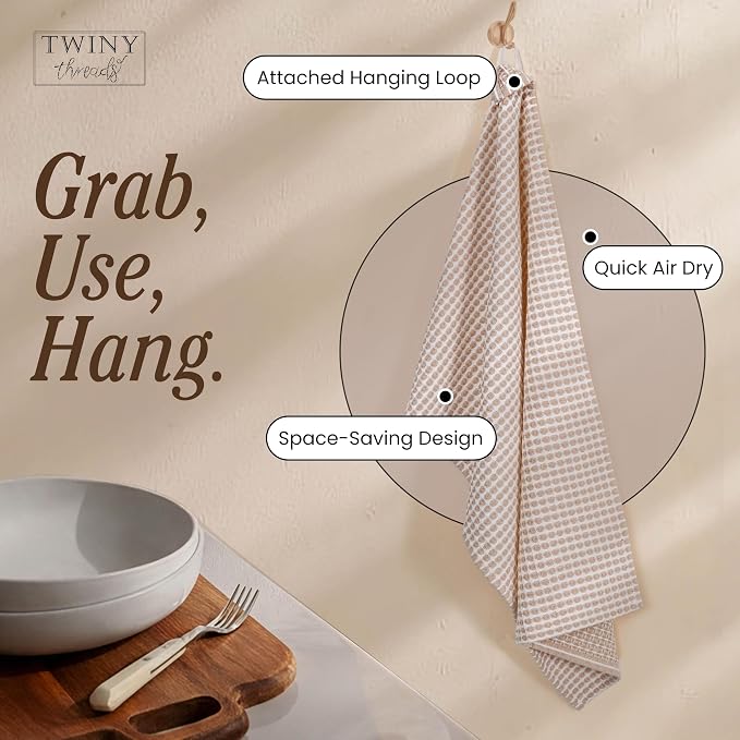 TWINY threads Circle Waffle Dish Towels 4 Pack, 16x26 Inches, 100% Cotton, Heavy Duty, Absorbent Dishcloth Set, Perfect for Drying Dishes for Kitchen, Rustic Homes, Embroidery, General Use, Beige
