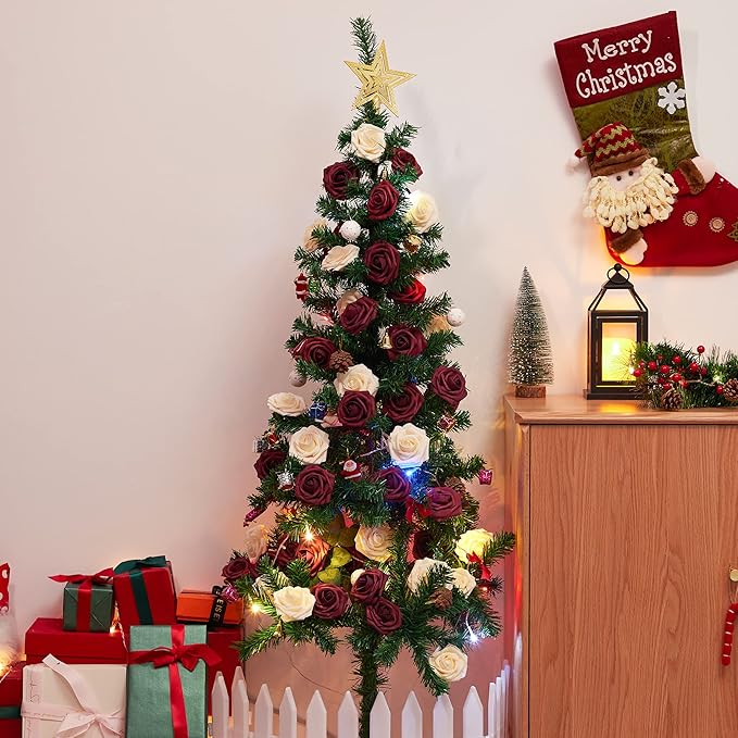 InnoGear Artificial Flowers, 50 Pcs Burgundy Foam Fake Roses Bulk with Stems for Decoration DIY Wedding Bouquets Centerpieces Bridal Shower Party Christmas Tree